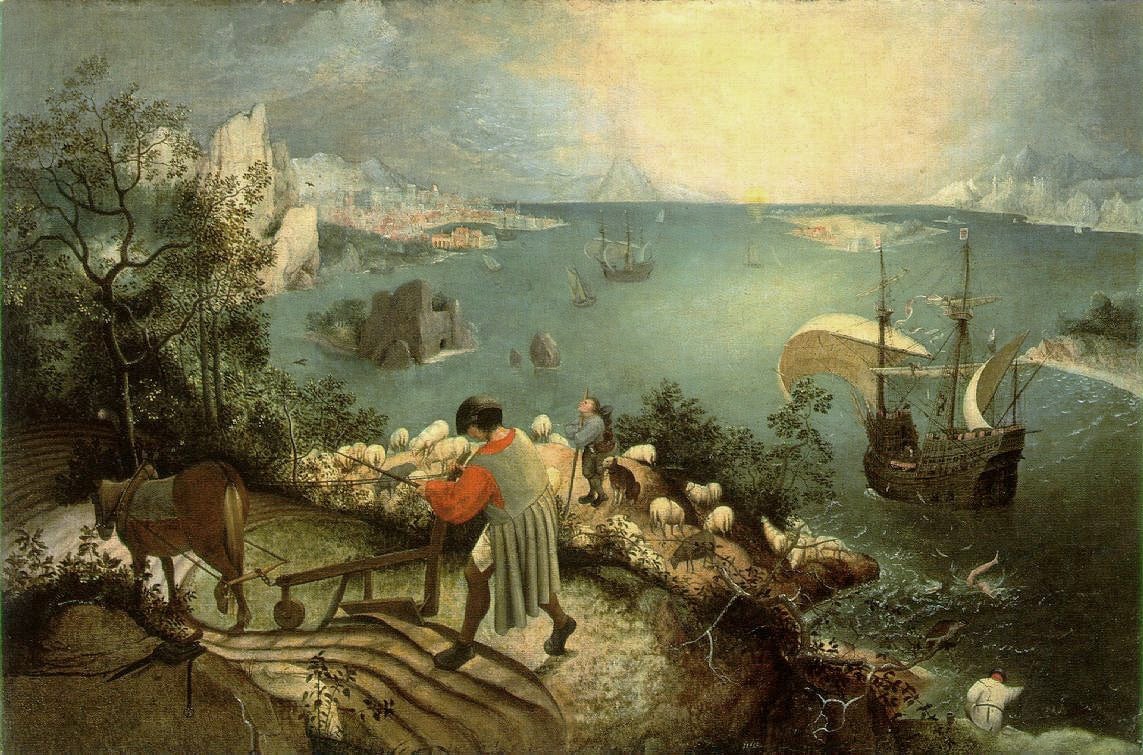 Bruegel'in hayat dolu bir manzarayı ve arka planda suya düşen Icarus'u tasvir eden tablosu.