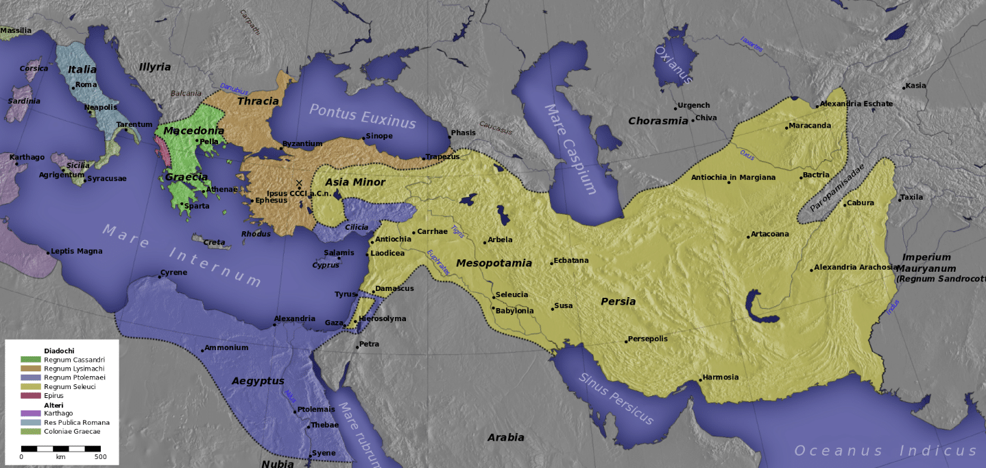İskender'in imparatorluğunun kontrolü için savaşan ve ölümünden sonra onu birkaç krallığa bölen Diadochi'nin haritası; 300 yıldan fazla bir süre boyunca antik Yunan kültürünün yurtdışındaki etkisini yöneten ve sürdüren bir miras. Bu harita MÖ 301 civarındaki Diadochi krallıklarını temsil ediyor. İpsus savaşından sonra M.Ö.