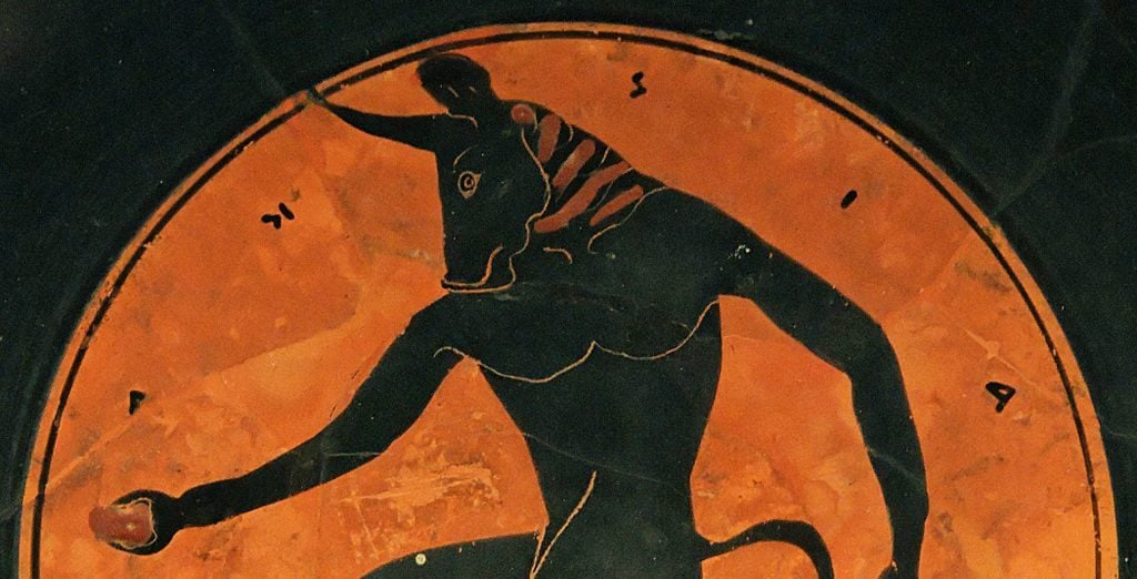 Minotaur, Attika'nın iki dilli kylix'inin tondo'su. Katkıda bulunanlar: Marie-Lang Nguyen/Wikimedia Commons