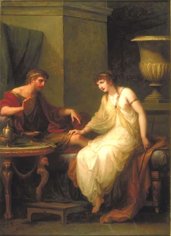 Odysseus'un yanında oturan Circe'nin resmi.