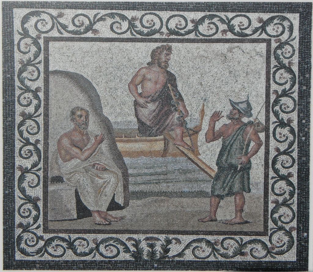 Asklepios (ortada) Kos'a varır ve Hipokrat (solda) ve bir vatandaş (sağda) tarafından karşılanır, mozaik, MS 2.-3. yüzyıl.