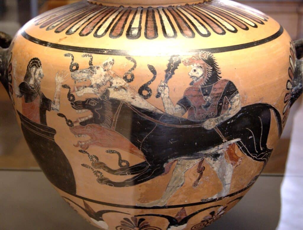 Yeraltı Dünyasında Herakles, Cerberus ve Eurystheus. Antik Yunan sanatı